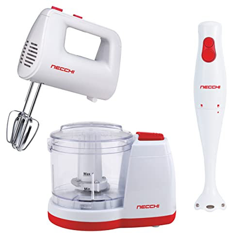 Necchi - frullatore 2 velocità asta staccabile lame SUS301, tritatutto con ciotola in plastica lame inox velocità pulse, Sbattitore elettrico 5 velocità 2 coppie di fruste acciaio inox, Set da 3