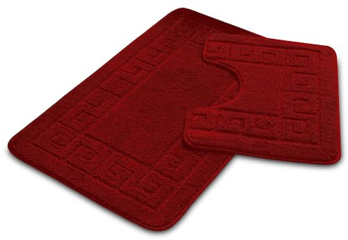 VELVETIO Bath Mat Set 2 Piece Machine Washable for Bathroom, Jacquard Greek Non Slip Quick Dry Shower Rugs & Bathtub Mats, Highly Water Absorbent 100% Polypropylene Toilet Rug Sets, Red