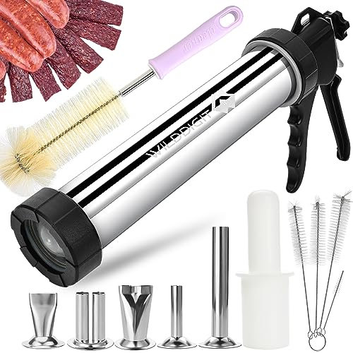 WILDDIGIT 2LB Professional Jerky Gun Kits, Sausage Stuffer, Stainless Steel Jerky Maker, Jerky Shooter, Beef Jerky Making Gun with 5 Nozzles, 1 meat pusher and 5 Cleaning Brushes