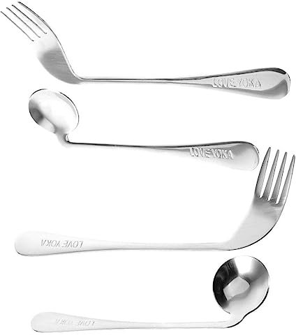 Lurrose 4Pcs Right Left Handed Grip Easy Offset Spoon Fork Stainless Steel Angled Adaptive Utensils Cutlery for Hand Tremors Elderly