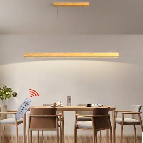 Pendelleuchte Holz Esstisch Esszimmer Lampen LED Hängelampe Dimmbar Hängeleuchte Wohnzimmer Küche Büro Hängend Leuchte Moderne linear Kronleuchter mit Fernbedienung Pendant Lampe (L100cm)