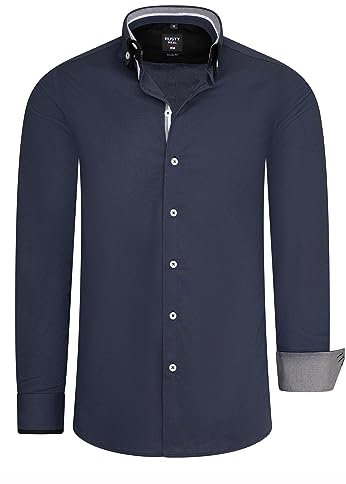 Rusty Neal Herren Hemd mit Doppel-Kragen und aufwendigem Knopf-Design Stretch Langarm-Hemd Freizeit Hemden 028, Farbe:Anthrazit, Größe S-3XL:XXL