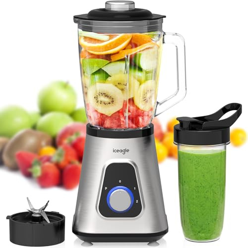 Iceagle Standmixer Mixer Smoothie Maker - Blender elektrisch 1200W mit 2 Stufen und Pulse-Funktion, Edelstahl-Klingen, 1,5l Tritan-Mixbehälter, 0.6l Mixbecher