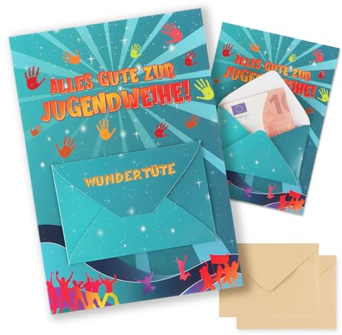 COLOFALLA 2 Stücke Karte zur Jugendweihe Karte Jugendweihe Geldgeschenke für Jungen Mädchen Wunscherfüller Jugendweihe Geschenk Alles Gute zur Jugendweihe Erwachsenwerden Karte mit Umschlag Blau