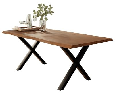 Liadomo Esstisch 160x85 Isa Nuss, Baumkantentisch, Akazie Massivholz Tisch, 26mm Tischplatte Lackiert, Robust & Pflegeleicht, Unikat, X-Gestell Metall schwarz