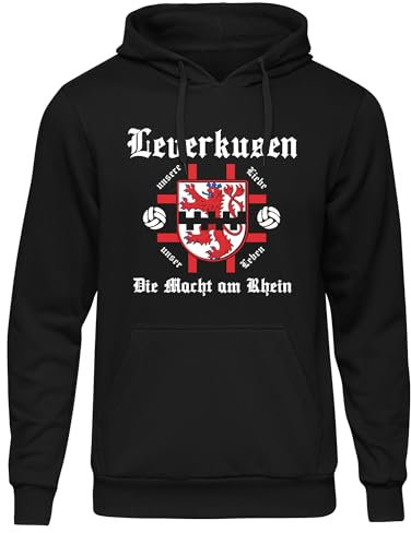 UGLYSHIRT Leverkusen Macht am Rhein Herren Kapuzenpullover | Sport Leverkusen Meister Hoodie Leverkusen Pullover Trikot Fanartikel Fussball Stadt Skyline | Schwarz (L)