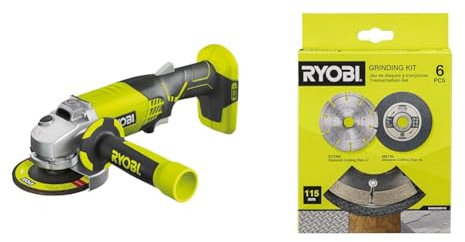 RYOBI - Meuleuse d'angle Ø 115 mm 18 Volts ONE+™ (sans batterie) - R18AG-0 & Kit 6 disques meuleuse diam. 115 mm - 1 disque diamant et 5 disques à tronçonner - RAK6AGD115