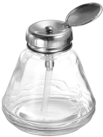sourcing map 6Oz / 180ML Glass Pump Dispenser Bottle Liquid Pumping Press Push Down Alcohol Container with Metal Flip Cover for Makeup Remover