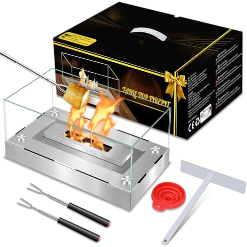 Tisch-Feuerstelle für den Innenbereich [2 Stunden + Brenndauer], 2024 neue Tisch-Feuerstelle mit vierseitigem Glas, Thanol-Kamin mit gemütlichem Ambiente, Indoor-Feuerstelle, Tischplatte als Geschenk