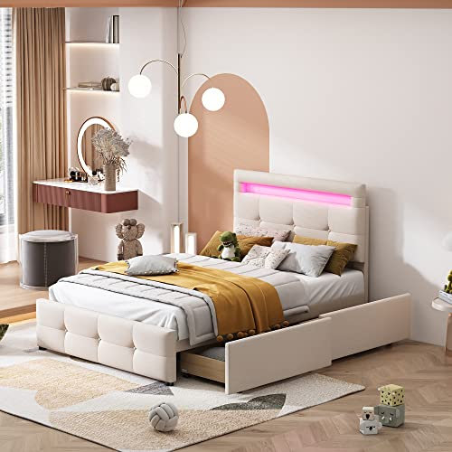 Kinderbett Polsterbett 90x200 cm, Bett mit 2 Schubladen und LED-Leuchten, verstellbares Kopfteil, Stauraumbett Bettgestell mit Lattenrost & Rückenlehne, Jugendbett Einzelbett, Ohne Matratze, Beige