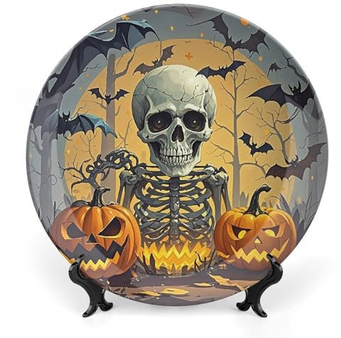 Assiette décorative en porcelaine anglaise de 20,3 cm - Assiettes rondes en porcelaine pour Halloween, motif tête de mort - Avec support de présentation - Assiettes rondes en porcelaine pour maison,