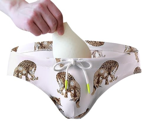 Mens Swim Briefs poch Bulge Enhancing Swimwear Conver Cup wiht Pouch Male Bikini Padded Swimming Sexy Underwear Enhancer Men, Leopard Theme + Sponge Cover, Medium