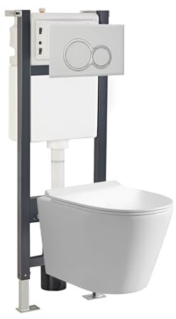 Nes Home Round White Wall Hung Toilet with Frame & Round Button Flush Plate