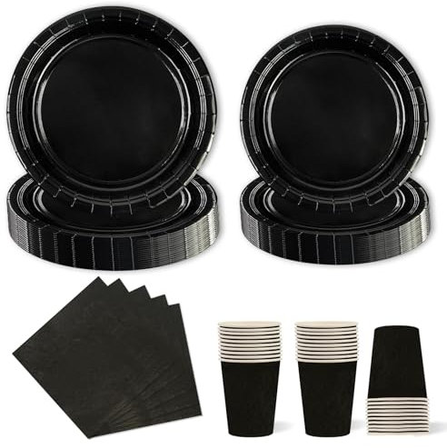 HFBOBP 96 Stück Schwarz Partygeschirr Set,Party Pappteller Becher Servietten Partyteller Partyset Süße Party für Feste und Feiern wie Geburtstag