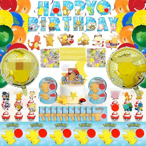 Kinder Tischdeko Geburtstag Set, 170 Kindergeburtstags Partyzubehör, Kindergeburtstag Deko mit Happy Birthday Banner, Luftballons, Tischdecke, Servietten, Teller