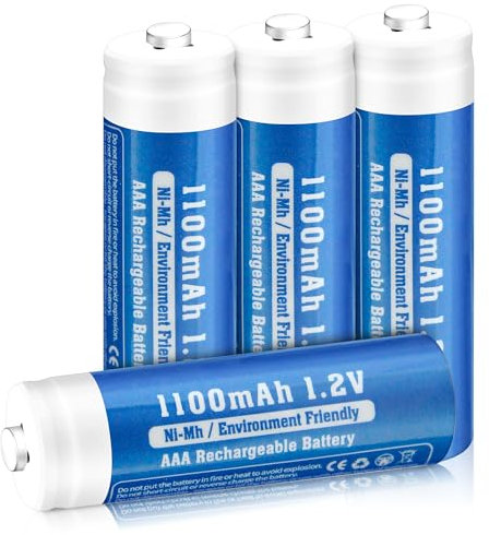 KLGFI AAA Batteries, Pack of 4, 1100 mAh AAA Batteries, Rechargeable, NI-MH Rechargeable Batteries AAA, High Capacity 1.2 V Battery, Low Self-Discharge Household Batteries (Blue)