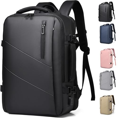 LXQMHB Rucksack Herren 15,6 Zoll Laptoprucksack mit USB Ladeanschluss & Laptopfach, Wasserdichter Reiserucksack Erweiterbar 19L-30L für Geschäftsreisen Handgepäck, Schwarz