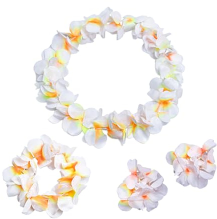 4Pcs Blumenkette Deko Blumen Hawaii Ketten Blumen Mit Armband Halskette Stirnband Blumengirlande für Hawaii Strandpartys Birthday Party Carnival (weiß)
