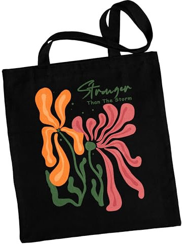 True Statements Baumwolltasche mit Boho-Design - Stofftasche mit Spruch, Einkaufstasche mit Blumen-Motiv „Stronger than the storm“ - Schwarz, 38x42 cm, 100% Baumwolle, langer Henkel
