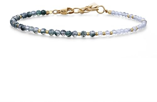 COAI Perlenarmband für Damen, 4 mm Facettierte Naturstein, Goldfarbener Edelstahl, 17 + 3 cm, Filigranes Layering Armband