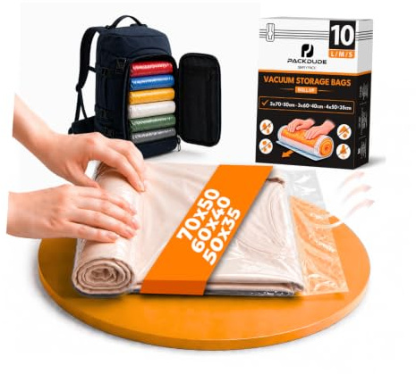 PACKDUDE Vakuumbeutel Reise zum Rollen I 10 STÜCK: 3x 70x50cm/ 3x 60x40cm/ 4x 50x35cm I Vakuumbeutel für Kleidung Reise I Travel Vacuum Bags I Kompressionsbeutel ohne Ventil für Koffer & Rucksack