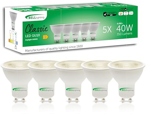 BELL Lighting GU10 Dimmable LED Spotlight Bulbs Daylight White 4.4W 5 Pack | Dimmable GU10 LED spotlight bulbs with 6000K daylight white light, 350lm brightness and 38 degree beam for downlights.