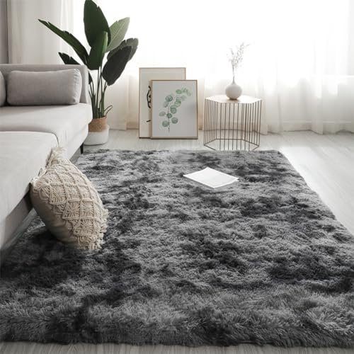 Swsen Rund Teppich Wohnzimmer Super Weich - Shaggy Teppiche Flauschig Anti-Rutsch Unterseite - Moderner Carpet Waschbar Langflor Hochflor Teppiche 140 x 180cm, Tiedye-Dunkegrau