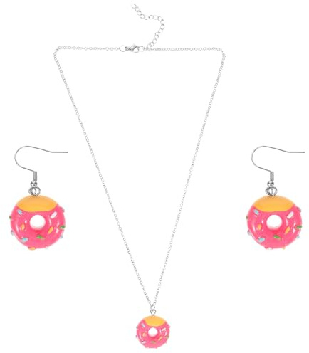 BESPORTBLE Edelstahl Donut Schmuckset Damen mit Cartoon Halskette und Drop Ohrringen Rostfrei Langlebig Modisch für Party Geschenk Valentinstag Einzigartiges Design in Rosarot