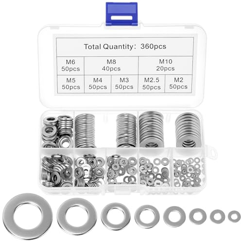 QWORK® Juego de 360 Arandelas de Acero Inoxidable 304, 8 Tamaños M2-M10, Ideales para Tornillos y Pernos - Excelente Resistencia a la Corrosión y Desgaste