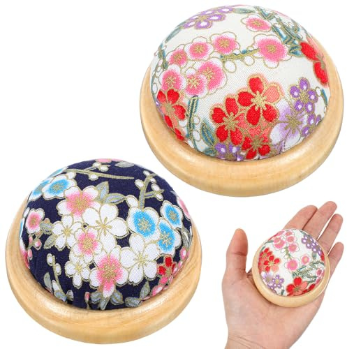 Bremorou 2 Stik Nadelkissen Set Japanisch Runde Nadelhalter Mit Holzuntergrund Baumwoll-Blumen-Nadelkissen Für DIY Handarbeiten Nähen Strickkissen Zur Unterstützung Nadelkissen Handgelenk Quilten