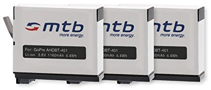 3x Batteria AHDBT-401 [Li-Ion - 3.8V / 1160mAh] per GoPro Hero4 / Hero 4 - Black & Silver Edition
