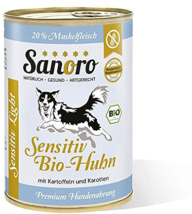 Sanoro Sensitiv Light Bio-Huhn - Premium Hundefutter bei Leishmaniose: Purin- und proteinreduziert in Bio-Qualität. Muskelfleisch vom Bio-Huhn mit Bio-Kartoffel und Bio-Karotte. (1 x 400g)