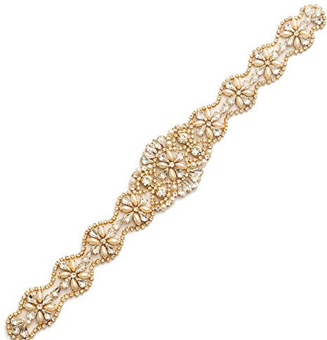 Applique délicate en perles de cristal à repasser pour robe de mariée Or rose Bordure strass pour écharpe 1 pièce, doré, Taille Unique