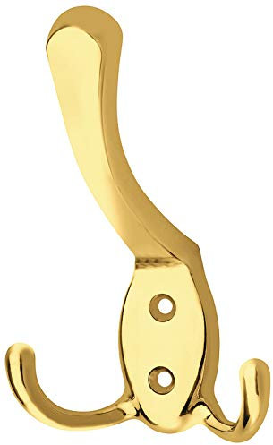 Gedotec Garderobenhaken Vintage - Kleiderhaken JUNA (Doppelhaken 123 x 76 mm,Messing Poliert) - Doppelhaken Antik - Haken für die Garderobe - Kleiderhaken Vintage, Rustikal - Jackenhaken Retro