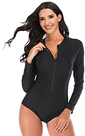Beachkini Einteiliger Damen-Badeanzug Langarm mit Frontreißverschluss Triangel Badeanzüge,Noir 66631,S