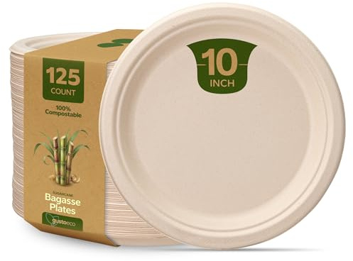 100% Compostable 10 inch Heavy-Duty Plates [125 Pack] Eco-Friendly Disposable Sugarcane Paper Plates - Brown Unbleached