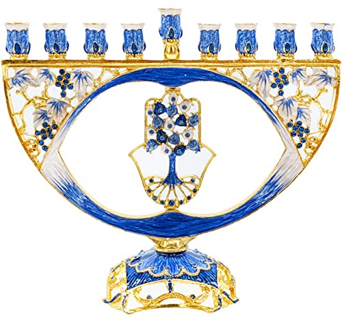 Hanukkah Menora Hamsa Emaille, Menora aus emailliertem Metall
