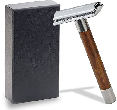 Rasierhobel aus Solingen Nassrasierer für Herren Rasierer Made in Germany mit geschlossenem Kamm für klassische Rasierklingen Sicherheitsrasierer für eine perfekte Bartpflege (Walnussholz Griff)