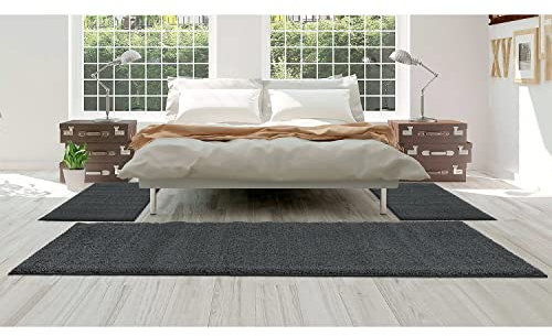 carpet city Polyester Shaggy Hochflor Bettumrandung - 3-TLG. Teppich-Set - 2X 80x150 cm, 1x 80x300 cm - Teppich-Läufer Einfarbig Anthrazit - Flauschig-Weich - Langflor Bettvorleger Schlafzimmer