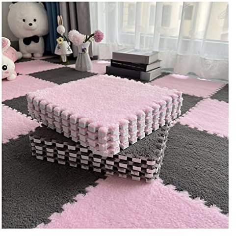 10 Ineinandergreifende Schaumstoffmatten, 10 Mm Dick, Flauschige Teppichfliesen, Plüsch-Bodenfliesen, Teppich, Weiche Spielmatte, Puzzle-Bodenmatte, Weich, rutschfest Und Sturzfest,Grey+pink,30x30cm