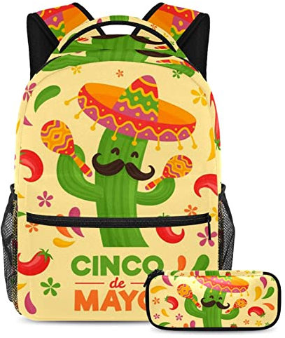 Kaktus mit Hut Bart Schulranzen Set für Teenager Mädchen Jungen Kinder, Schüler Büchertasche Rucksack mit Federmäppchen für Primary Secondary Junior, multi Schulranzen-Sets