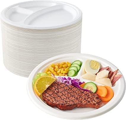 HOT BARGAINS 200 X 3 Compartment Bagasse Plates Disposable 100% Compostable Heavy Duty Clamshell Eco Friendly Plates Size 10(25.4cm) (200)