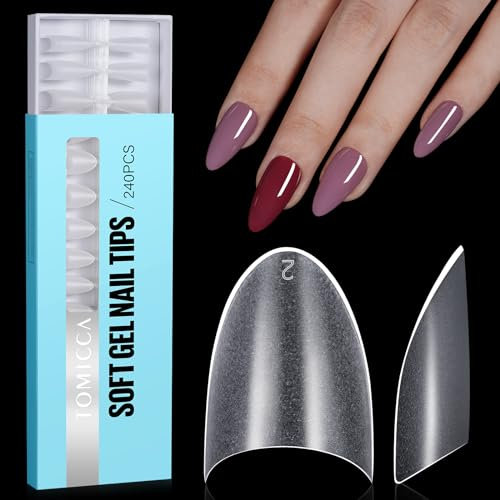 TOMICCA Short Almond French Edge Nail Tips, 240pcs Half Cover False Nail Tips, Clear Matte False Nails, Acrylic Nail Tips, Artificial Nails Tips for Acrylic Extensions, Salon Nails 12 Sizes