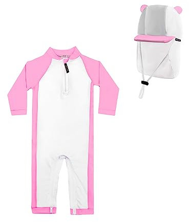 weVSwe Baby Badeanzug Rash Guard UPF Sonnenschutz Langarm Säugling Sonnenhut Verstellbare Schnur Rosa Bär 18-24 Monate