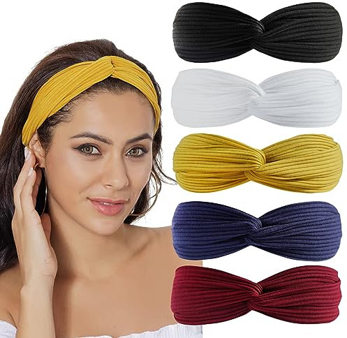 scicent Haarband Damen 5 Stück Stirnbänder Einfarbig Haarreifen Headwrap Turban Elastische Headbands Bandana Vintage für Alltag Yoga Sport 13410