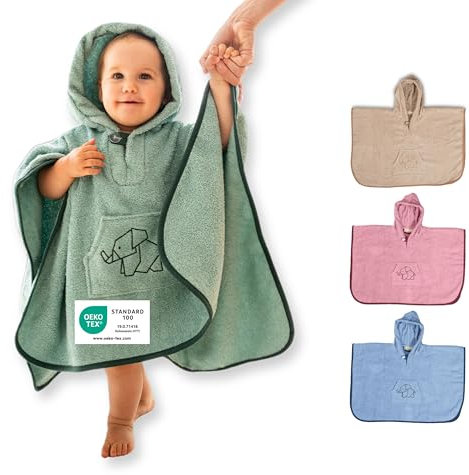 ULLENBOOM Badeponcho Baby, Frottee aus 100% Baumwolle (OEKO-TEX zertifiziert) und Made in EU - Ideal als Badetuch und Bademantel für Kinder und Babys von 1-3 Jahren, Salbeigrün