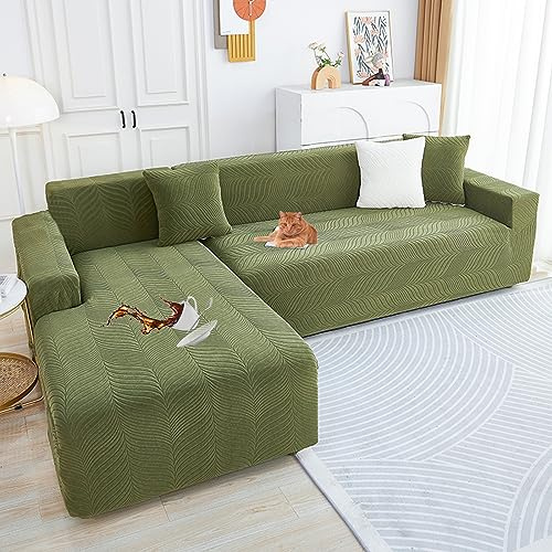 Sofa überzug L Form Wasserdicht,2 Stück Couch überzug Ecksofa L Form Rechts Links, Jacquard Chaiselongue Sofa Schonbezug ,Sofabezug Sofahusse Couchbezug für Sektionssofa (Green3, 2seats+3seats)