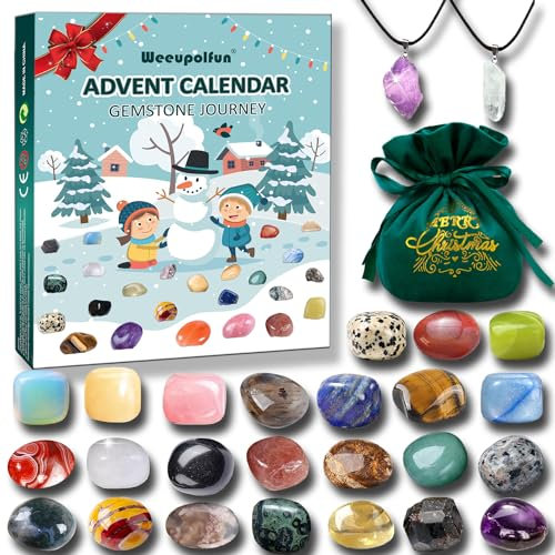 Weeupolfun Adventskalender 2024 Kristalle, 24 Tage Weihnachten Adventskalender Countdown, Natürlichen Edelsteine für Jungen Mädchen Geologie Enthusiasten Wird mit Halsketten Aufbewahrungstasche