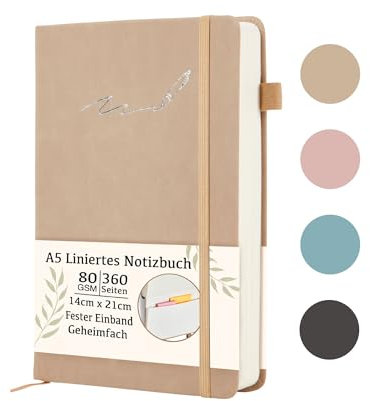 Soul Projekt Graues Notizbuch A5 Liniert, 360 Seiten Hardcover Notebook, Buchjournal, Ideenbuch, Bulletjournal, Tagebuch, Elastischer Verschluss Und Stiftehalter