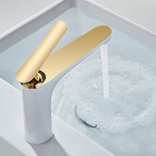 Mitigeur Lave Main Monotrou Chaud et Froid Robinet Lavabo Salle de Bain Laiton Mitigeur Salle de Bain,blanc + Or